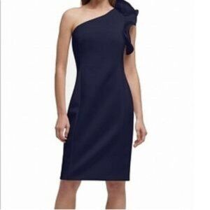 NWT Size 12 Navy DKNY One Shoulder Ruffle Cap Sleeve Scuba Sheath Dress